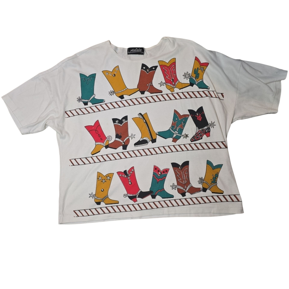 Vintage Western  Glam Glitter Cowgirl Boot Colorful Rodeo USA Tshirt Size XL - Picture 3 of 8